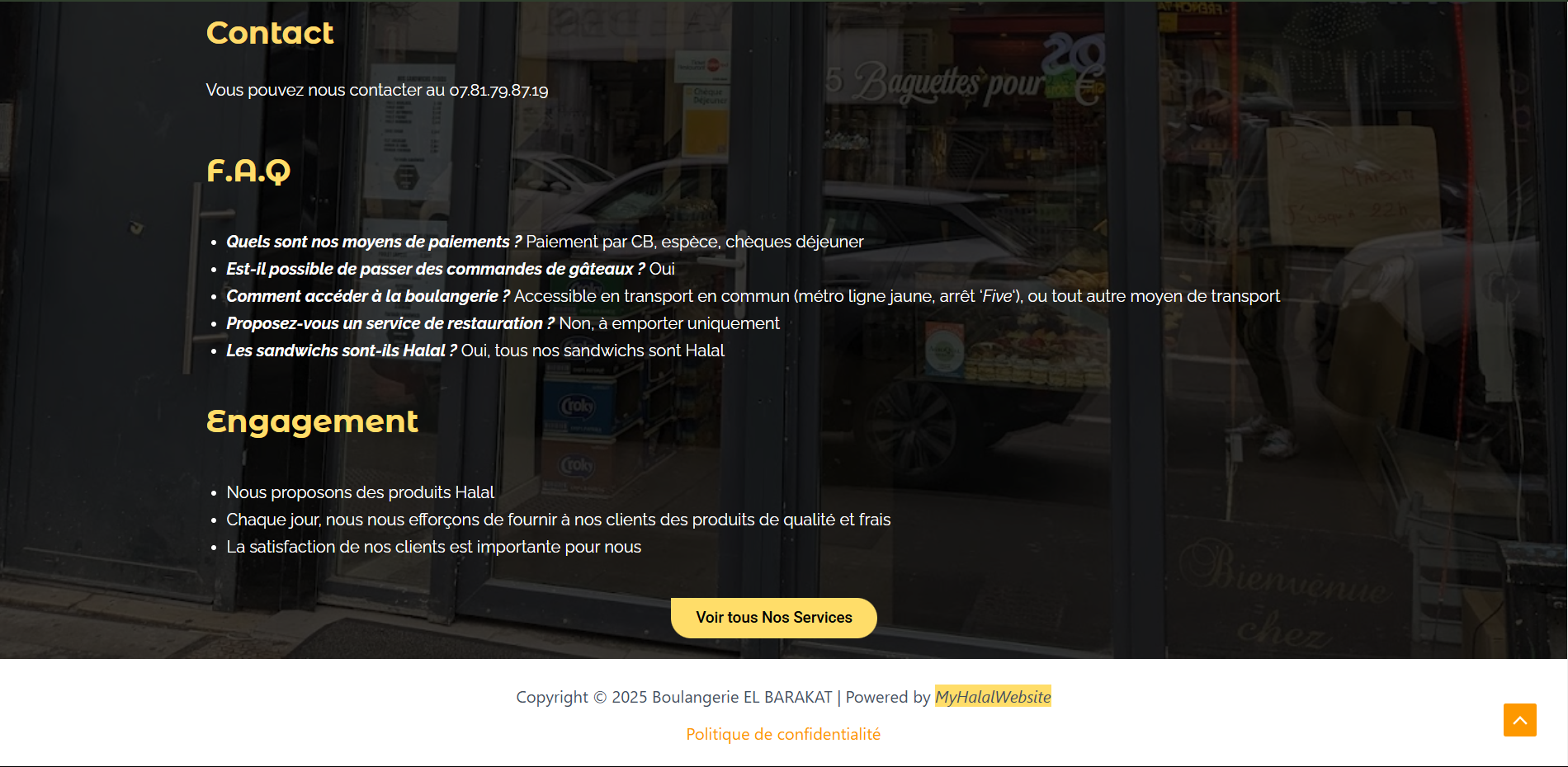 section a propos contact faq engagement du site boulangerie el barakat réalisé par l'agence digitale musulmane my halal website