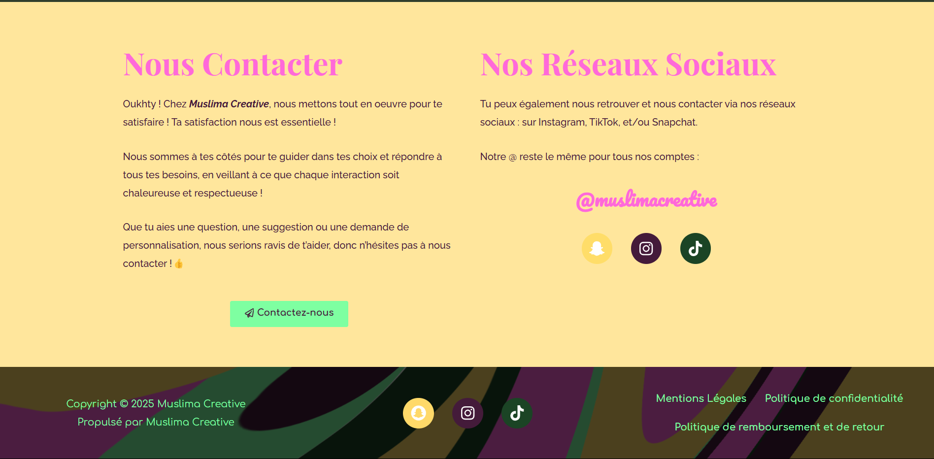 Pied de page - réseaux sociaux et contact du site muslima creative réalisé par l'agence web digitale islamique my halal website