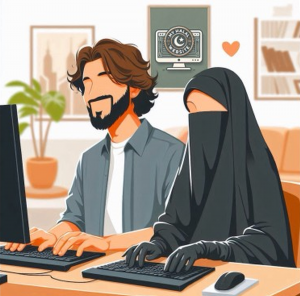 Mari et femme musulmans en train de travailler sur ordinateur